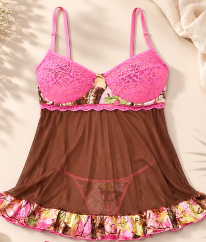 Women's Pink Camo 2 Piece Babydoll Lingerie - PinkWoods Hunting Nightwear, Thong Included - Wilderness Dreams