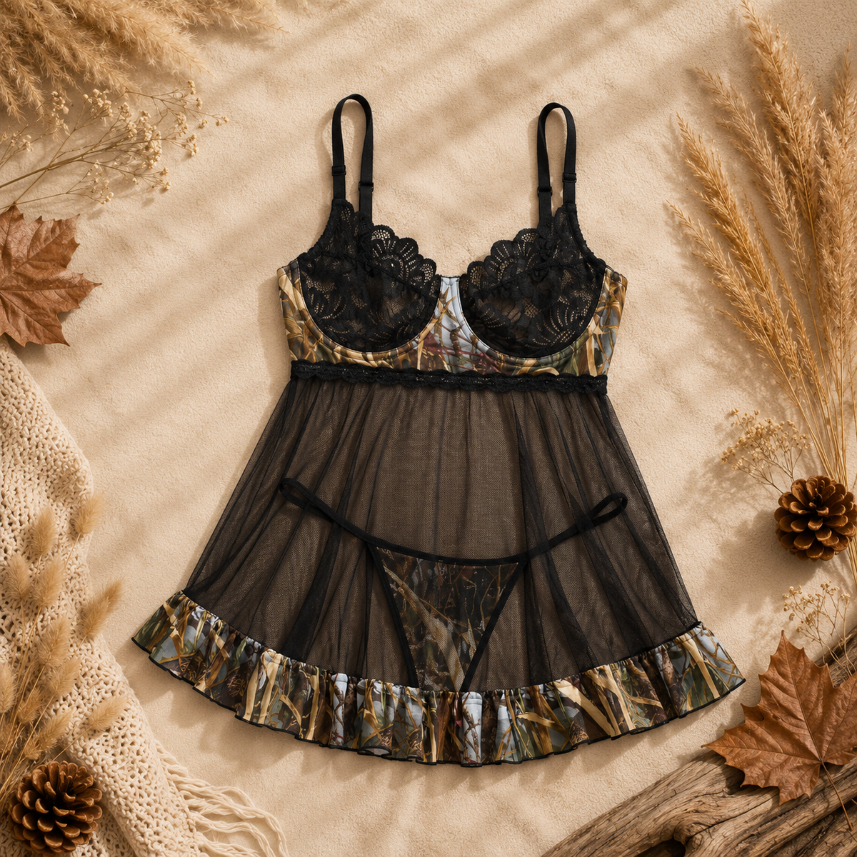 Women's Camo Babydoll Lingerie Set - WillowCreek 2-Piece with Thong - Wilderness Dreams