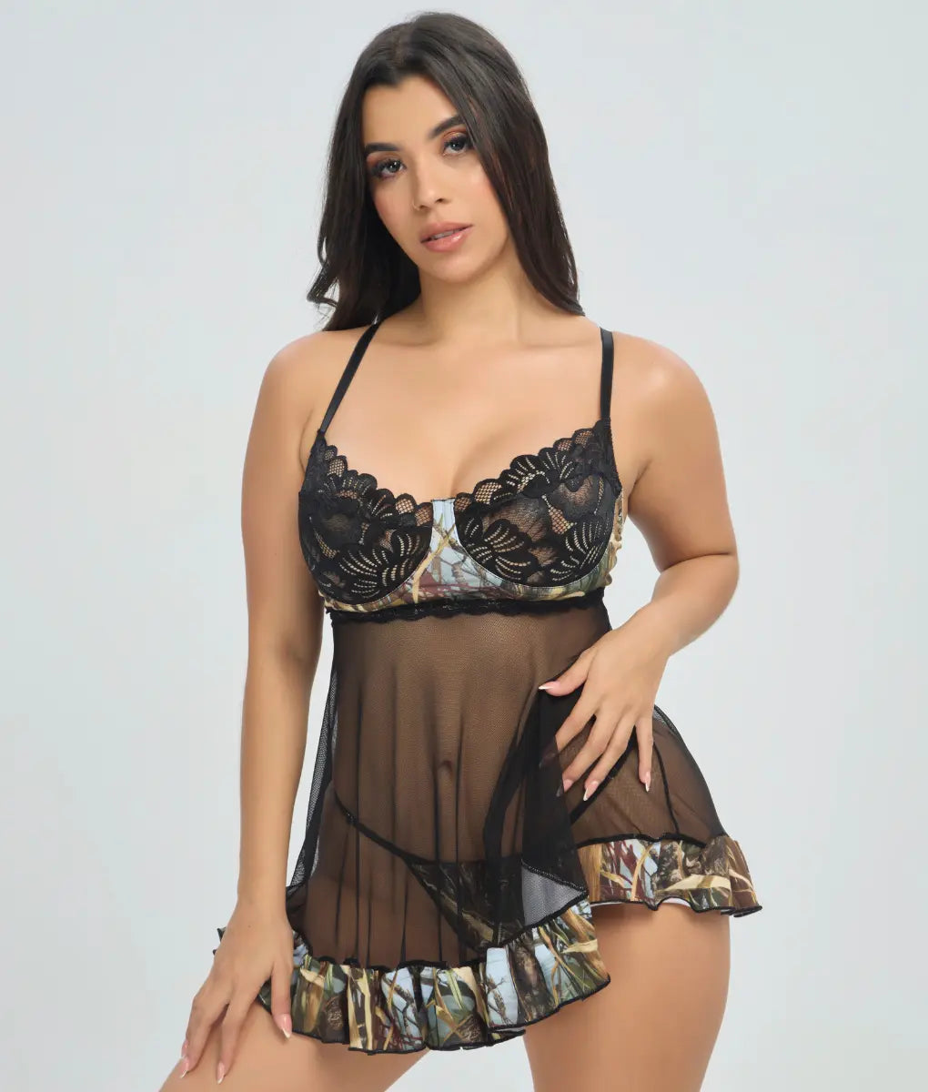 Wilderness Dreams Stretch Babydoll in WoodLand color with semi-sheer mesh, black lace details, and a nature-inspired print. Lightweight, feminine, and comfortably fitted.