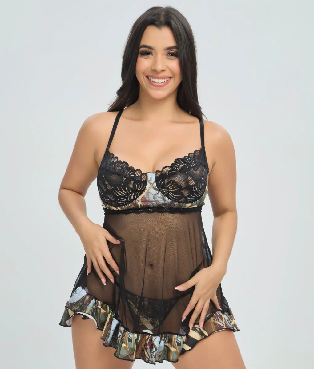Wilderness Dreams Stretch Babydoll in WoodLand color with semi-sheer mesh, black lace details, and a nature-inspired print. Lightweight, feminine, and comfortably fitted.