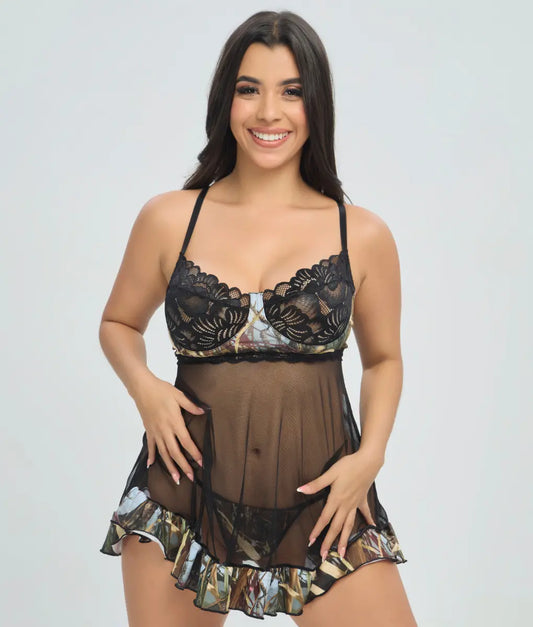 Wilderness Dreams Stretch Babydoll in WoodLand color with semi-sheer mesh, black lace details, and a nature-inspired print. Lightweight, feminine, and comfortably fitted.