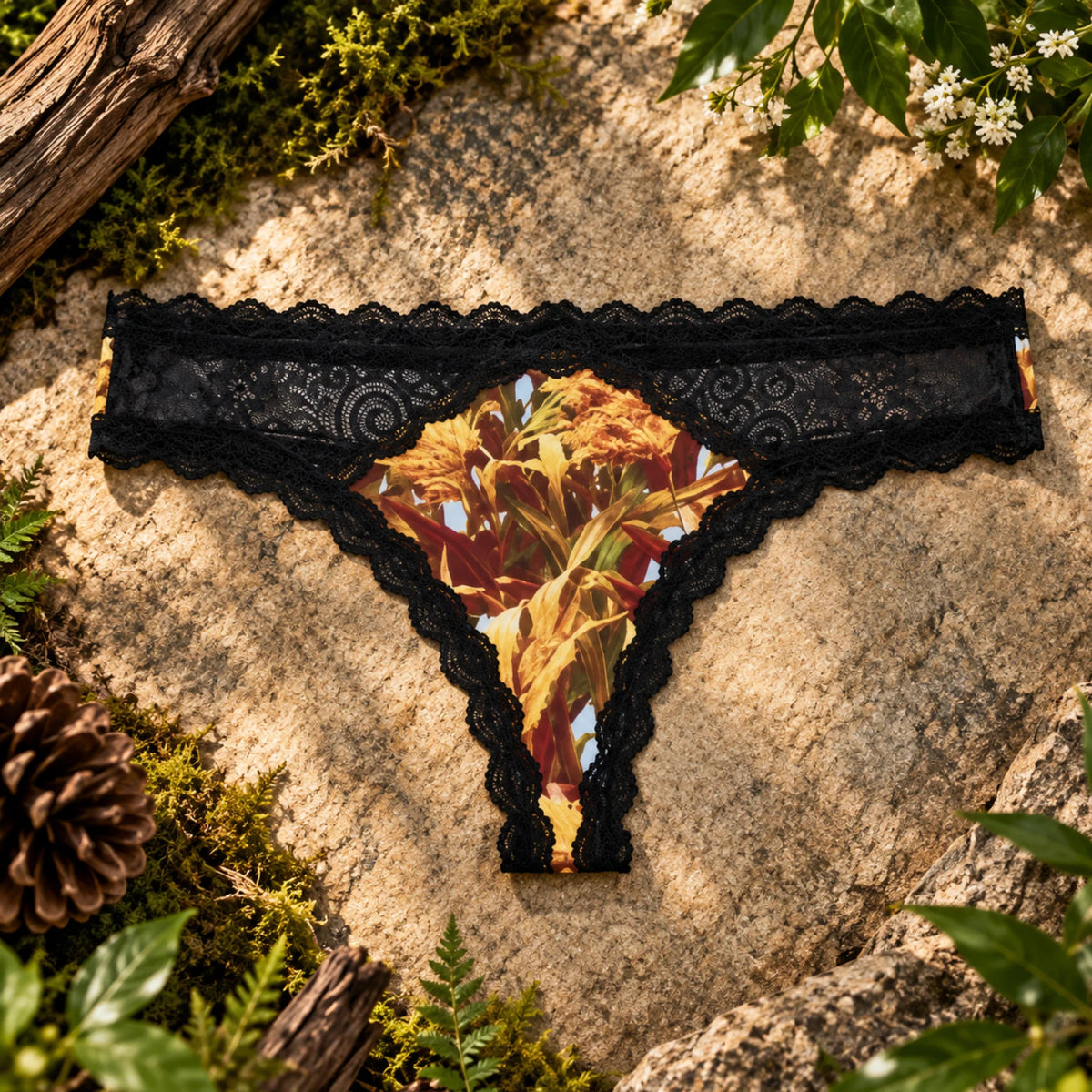 Golden Marsh camo lace thong with black lace trim - Wilderness Dreams